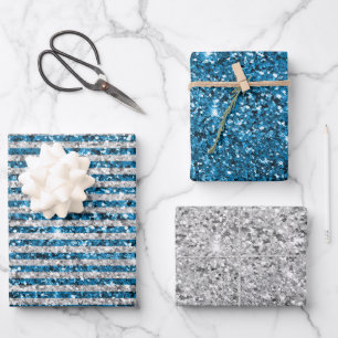 Silver Turquoise Glitter Stripes Wrapping Paper Sheet