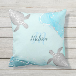 Silver Turquoise Marble Monogram Your Name Cushion