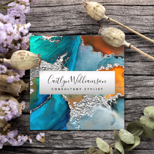 Silver turquoise marble watercolor stylist script  square business card