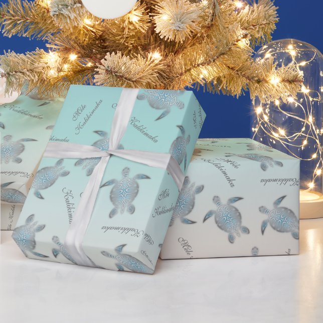 Silver Turquoise Sea Turtles | Mele Kalikimaka Wrapping Paper (Holidays)