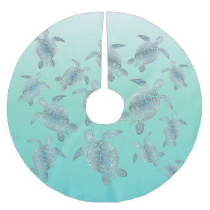 Silver Turquoise Sea Turtles Pattern Brushed Polyester Tree Skirt