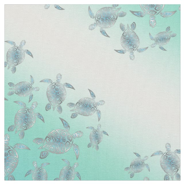 Silver Turquoise Sea Turtles Pattern Fabric (Close Up)