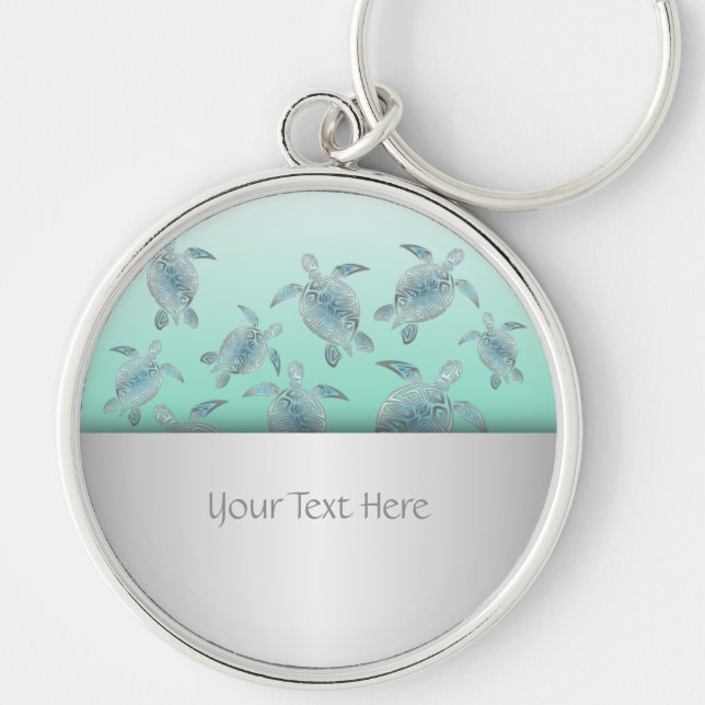 Silver Turquoise Sea Turtles Pattern Key Ring (Front)