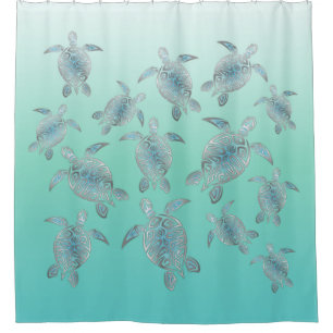 Silver Turquoise Sea Turtles Pattern Shower Curtain