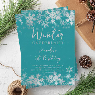 Silver Turquoise Winter ONEDERLAND 1st Birthday Invitation