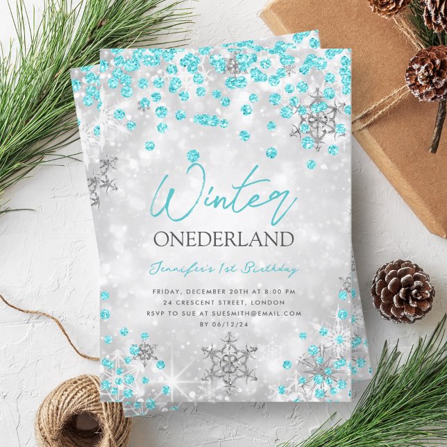 Silver Turquoise Winter ONEDERLAND 1st Birthday Invitation (Silver Turquoise Winter ONEDERLAND 1st Birthday Invitation)