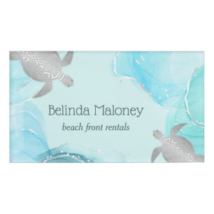 Silver Turtle Blue Ink Coastal Name Tag