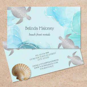 Silver Turtle Blue Ink Coastal QR Code Business Card