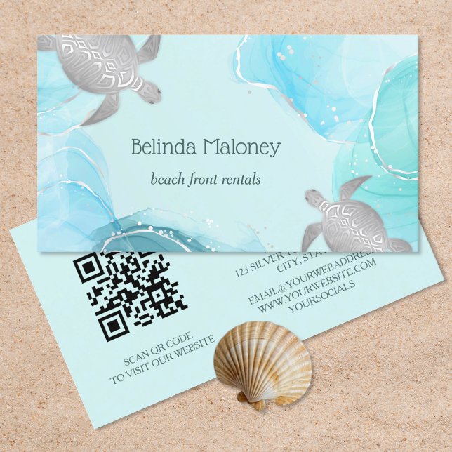 Silver Turtle Blue Ink Coastal QR Code Business Card (Creator Uploaded)