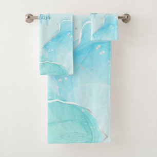 Silver Turtle Light Blue Marble Monogram Your Name Bath Towel Set