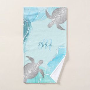 Silver Turtle Light Blue Marble Monogram Your Name Hand Towel