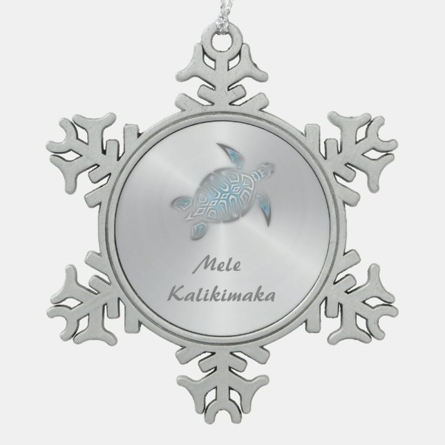 Silver Turtle | Mele Kalikimaka | Snowflake Pewter Christmas Ornament (Front)