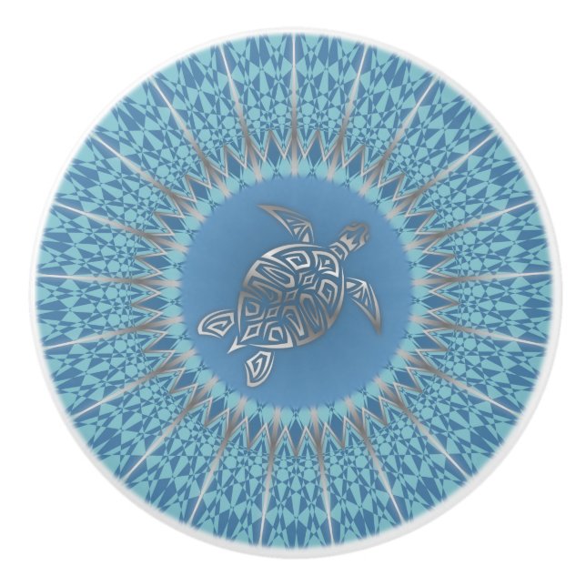 "Silver Turtle Radiance" | Tropical Mandala Ceramic Knob (Front)