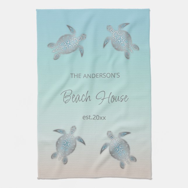 Silver Turtles Beach House Family Monogram Tea Towel (Vertical)