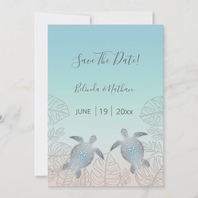 Silver Turtles Beach Style Save The Date Card (Front)