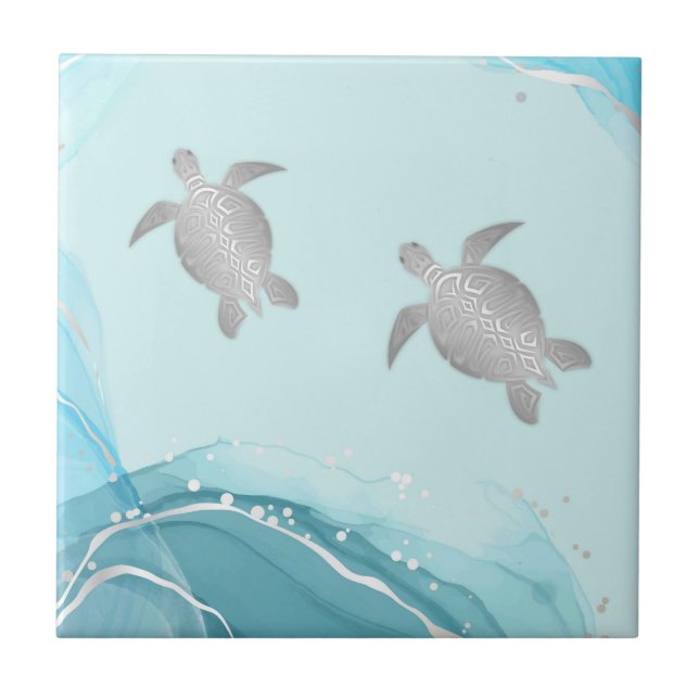 Silver Turtles Blue Ink Background | Coastal  Tile (Front)
