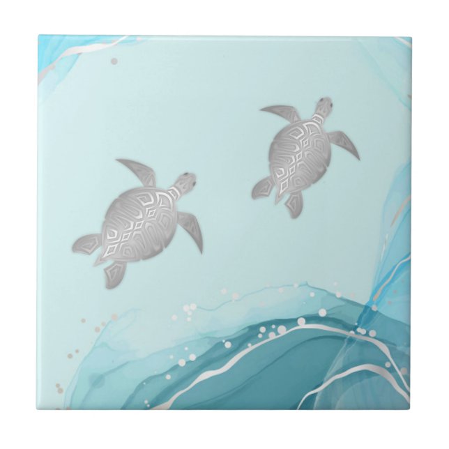 Silver Turtles Blue Ink Background | Coastal Tile (Front)
