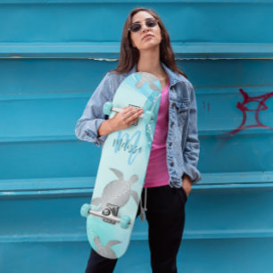 Silver Turtles Blue Marble Monogram Your Name Skateboard