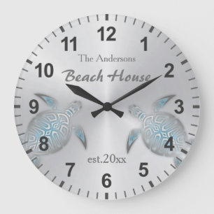 Silver Turtles Family Name Coastal  Large Clock