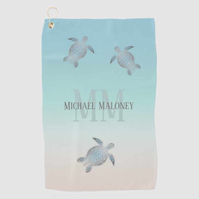Silver Turtles Initials Your Name Turquoise Beige Golf Towel (Front)