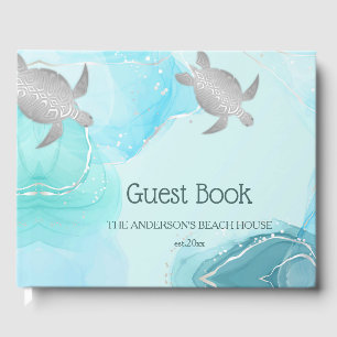 Silver Turtles Turquoise Ink Coastal House Guest Book