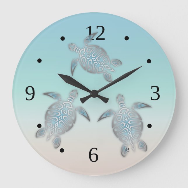 Silver Turtles Turquoise Maritime Modern Large Clock (Front)