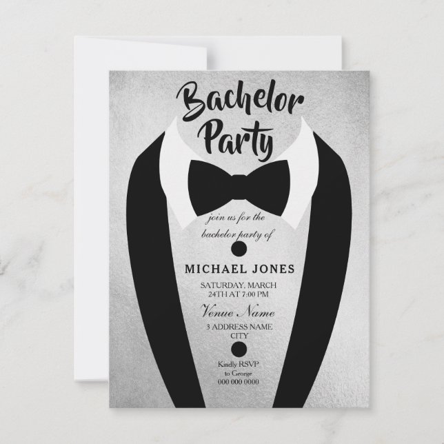 Silver Tuxedo Bow Tie Bachelor Party Invite (Front)