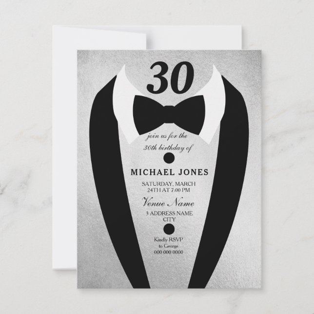 Silver Tuxedo Bow Tie Mens 30th Birthday Invite (Front)
