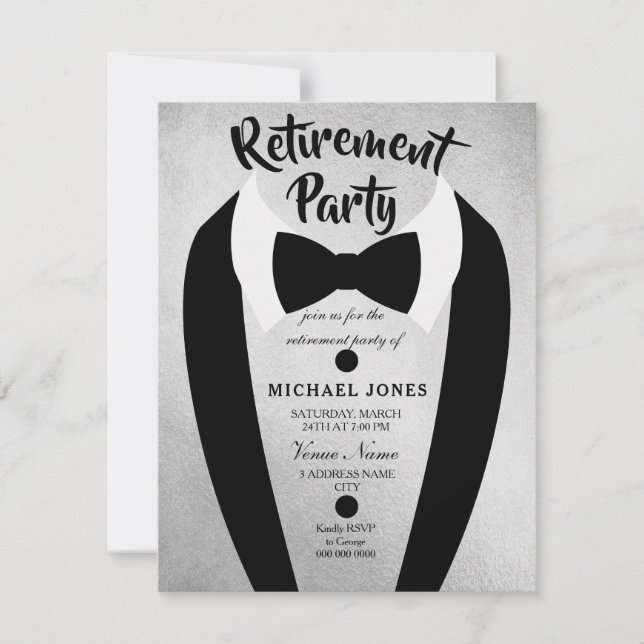 Silver Tuxedo Bow Tie Retirement Party Invite (Front)