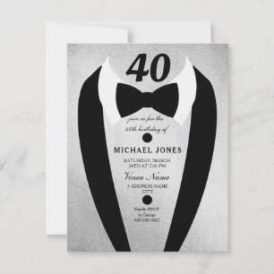Silver Tuxedo Mens 40th Birthday Party Invite
