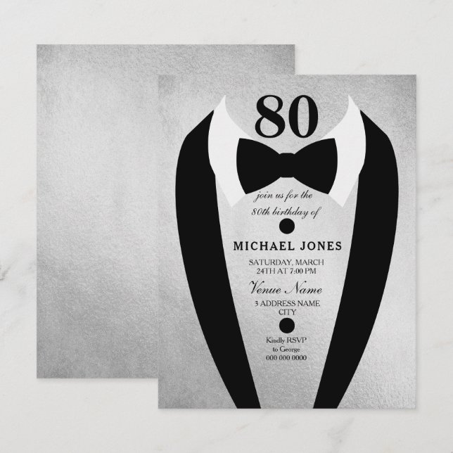 Silver Tuxedo Mens 80th Birthday Party Invite (Front/Back)