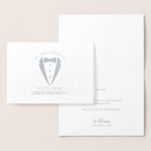 Silver Tuxedo Suit Personalised Groomsman Proposal Foil Card