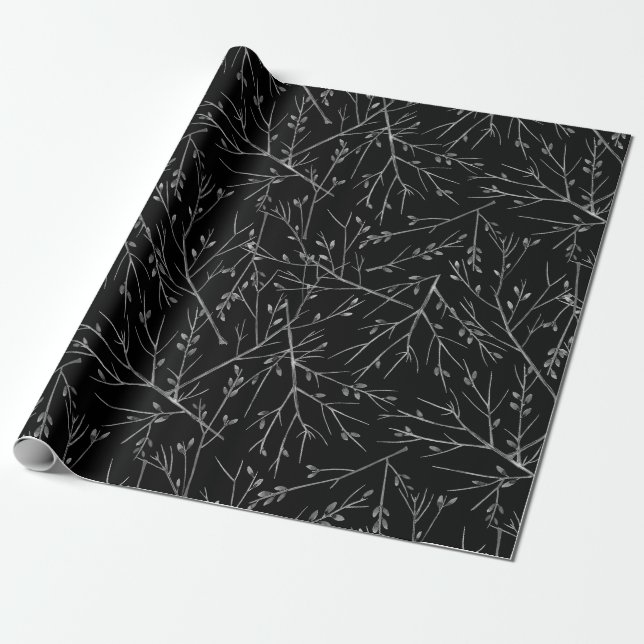 Silver Twigs on Black Wrapping Paper (Unrolled)