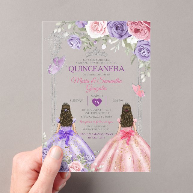 Silver Twin Princess Purple And Pink Quinceañera Acrylic Invitations (Insitu (Handheld))