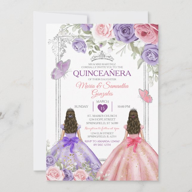 Silver Twin Princess Purple And Pink Quinceañera Invitation (Front)