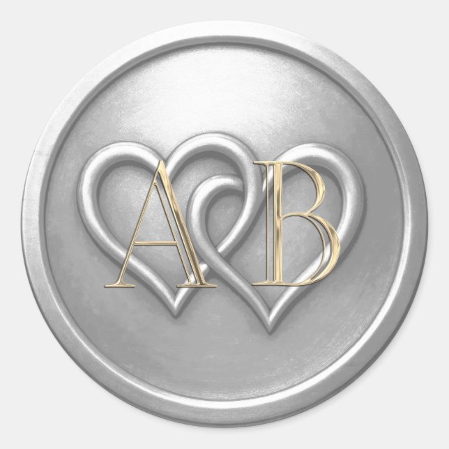 Silver Two Hearts Intertwined Monogram Wedding Classic Round Sticker (Front)