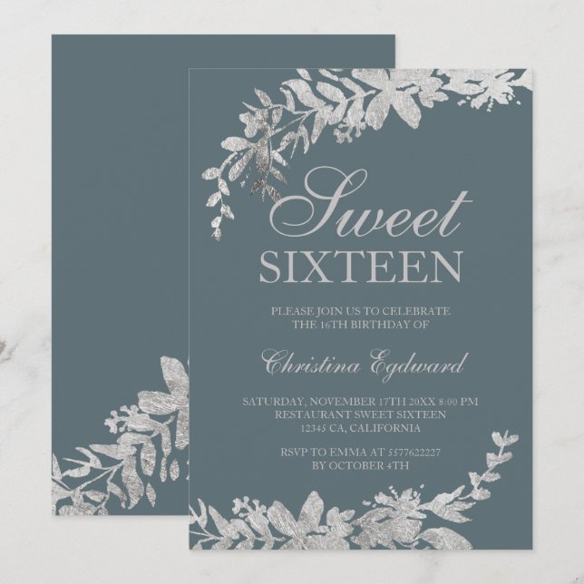 Silver typography floral dusty blue chic Sweet 16 Invitation (Front/Back)