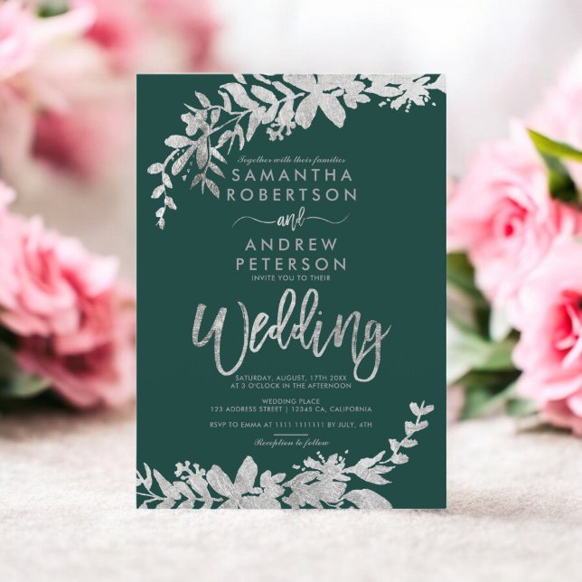 Silver typography floral green chic wedding invitation (Silver typography floral green chic wedding invitation)