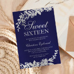 Silver typography floral navy blue chic Sweet 16 Invitation<br><div class="desc">Silver typography leaf floral navy blue chic sweet 16 birthday party with hand painted silver leaf foliage. The navy blue background is fully customisable</div>