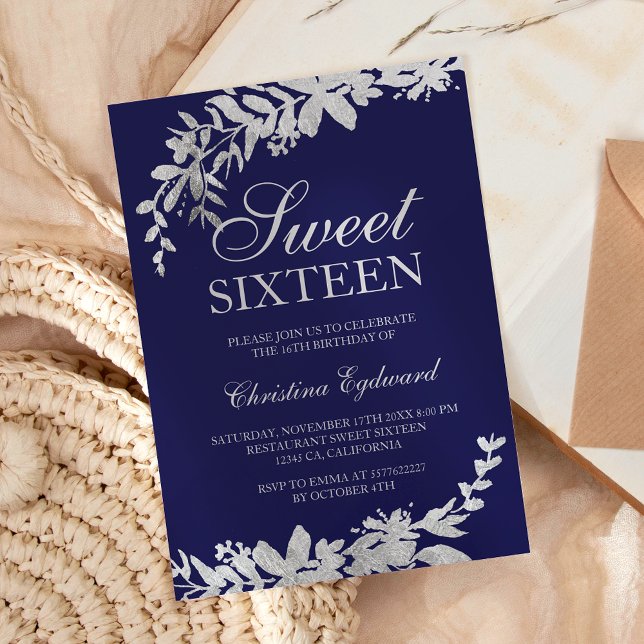 Silver typography floral navy blue chic Sweet 16 Invitation (Creator Uploaded)
