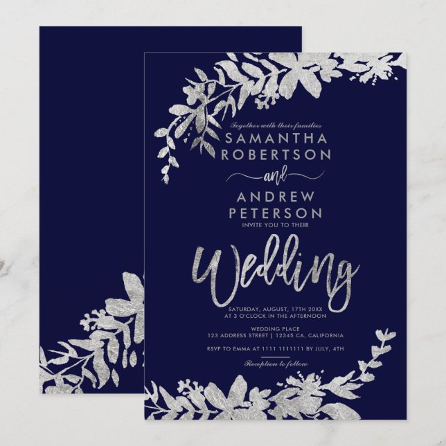 SIlver typography floral navy blue chic wedding Invitation (Front/Back)