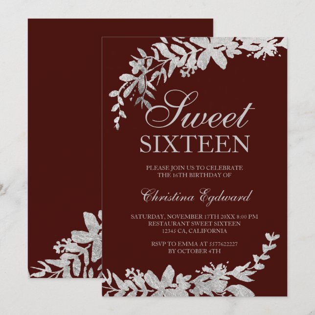 Silver typography floral red burgundy Sweet 16 Invitation (Front/Back)