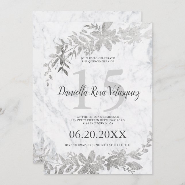 Silver typography Floral white marble quinceanera Invitation (Front/Back)