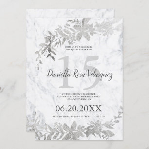 Silver typography Floral white marble quinceanera Invitation