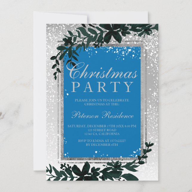 Silver typography leaf snow elegant chic Christmas Invitation (Front)