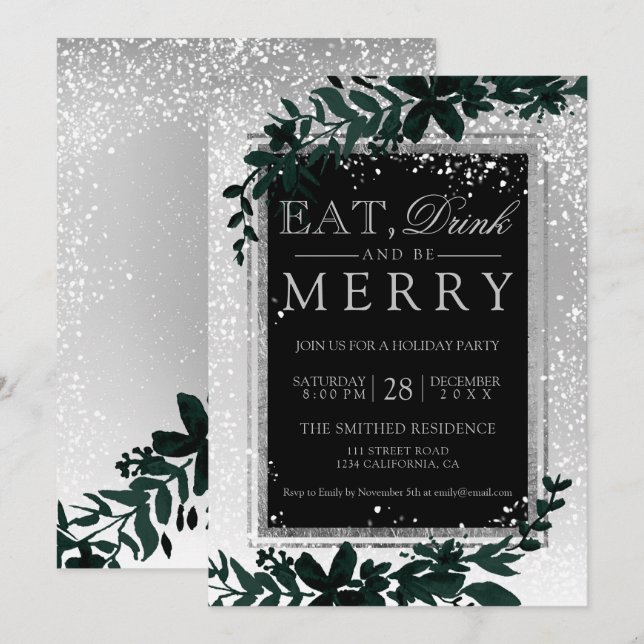 Silver typography leaf snow elegant eat Christmas Invitation (Front/Back)