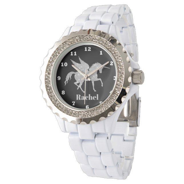Silver unicorn add name women fantasy watch (Angled)