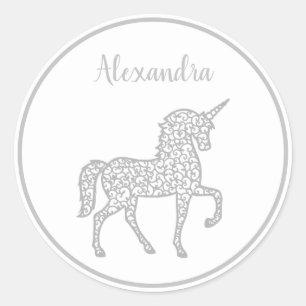 Silver Unicorn birthday party Own name Classic Round Sticker