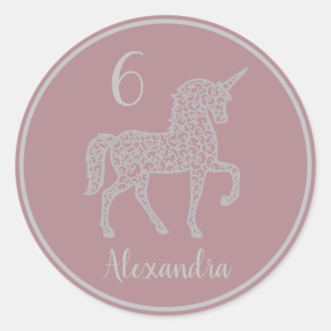 Silver Unicorn birthday party Own name Classic Round Sticker (Front)