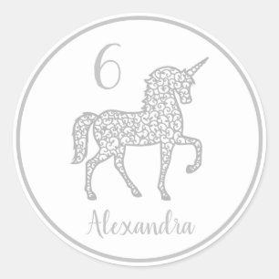 Silver Unicorn birthday party Own name Classic Round Sticker